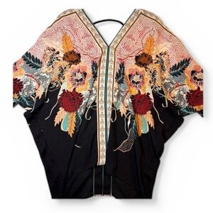 Rose + Olive Floral Asian Inspired Kimono Top, Boho Style, Women's Size S.